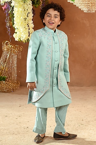 Blue Embroidered Achkan Jacket Set For Boys by Littleens