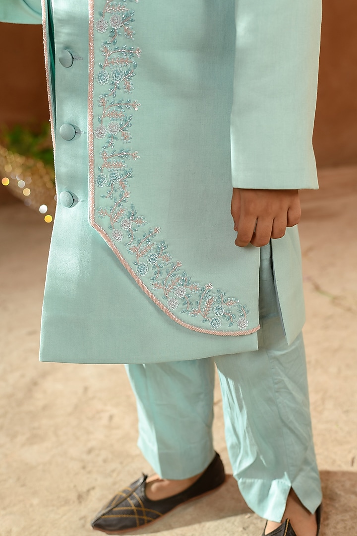 Blue Embroidered Achkan Jacket Set For Boys by Littleens at Pernia's Pop Up Shop
