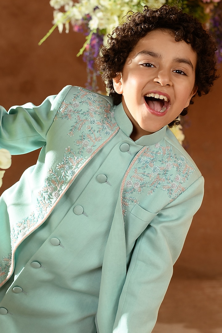 Blue Embroidered Achkan Jacket Set For Boys by Littleens at Pernia's Pop Up Shop