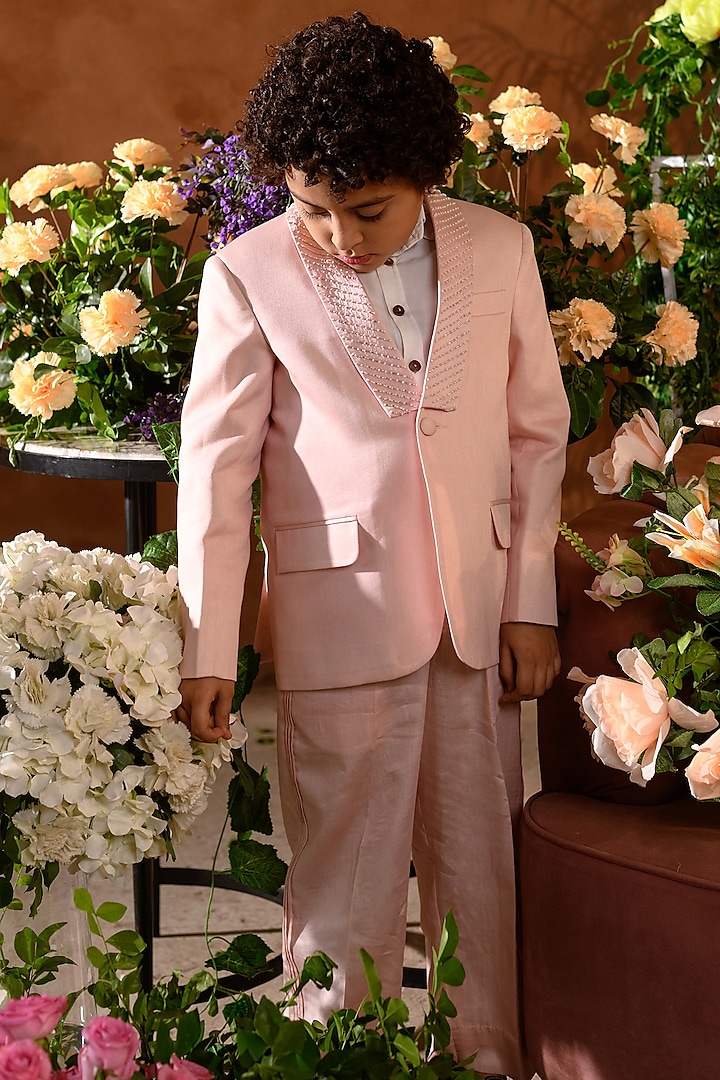 Pink Embroidered Tuxedo Set For Boys by Littleens