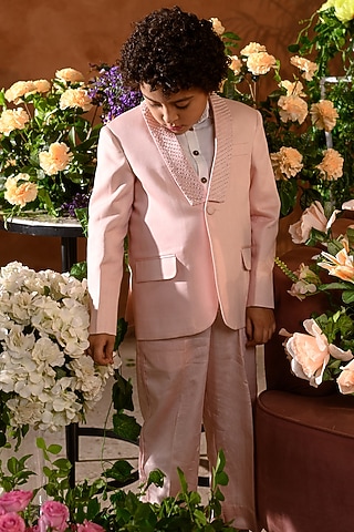 Pink Embroidered Tuxedo Set For Boys by Littleens