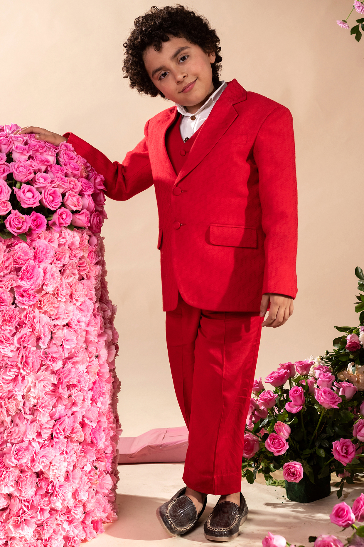 Red Cotton Dobby Blazer Set For Boys by Littleens
