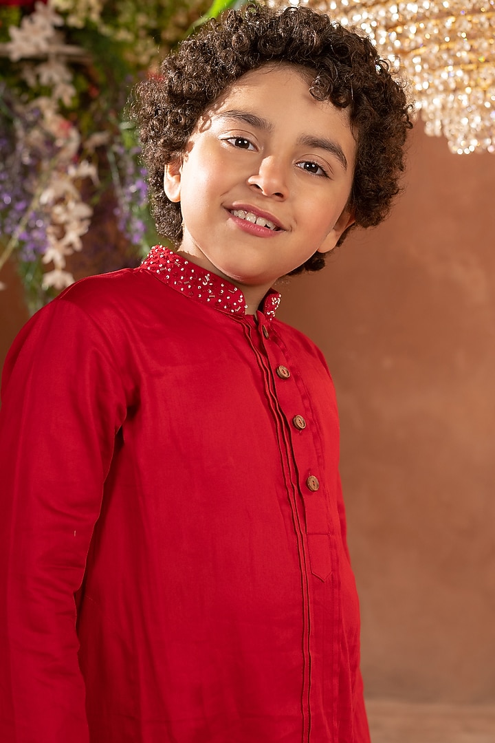 Scarlet Red Embellished Kurta Set For Boys by Littleens at Pernia's Pop Up Shop