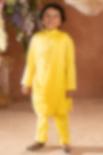 Yellow Vegan Silk Draped Kurta Set For Boys by Littleens