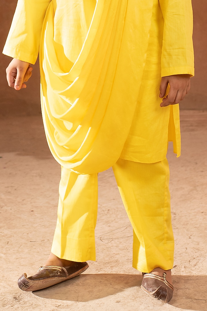 Yellow Vegan Silk Draped Kurta Set For Boys by Littleens at Pernia's Pop Up Shop