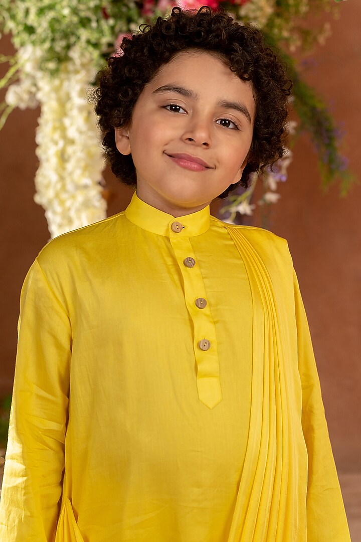 Yellow Vegan Silk Draped Kurta Set For Boys by Littleens at Pernia's Pop Up Shop