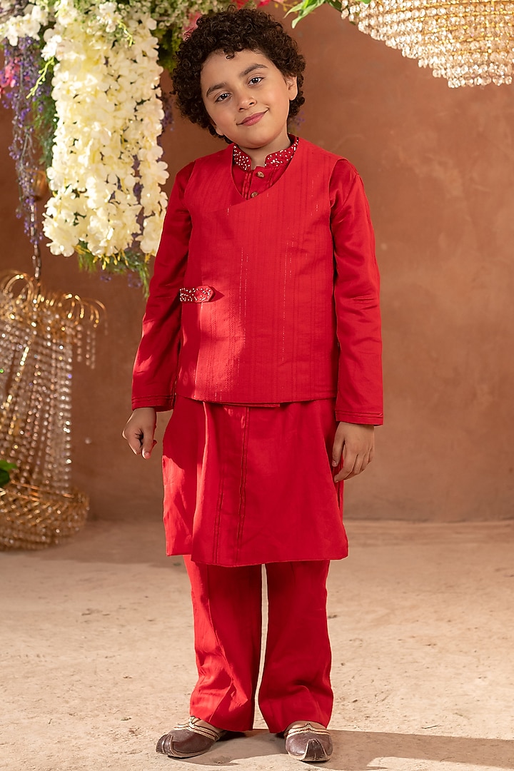 Red Embroidered Nehru Jacket For Boys by Littleens