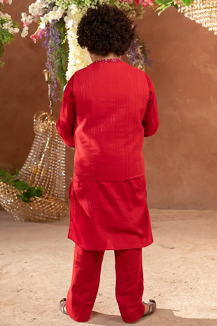 Red Embroidered Nehru Jacket For Boys by Littleens at Pernia's Pop Up Shop