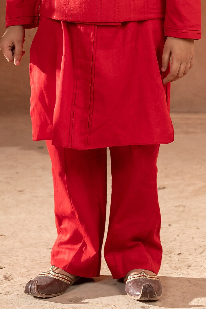 Red Embroidered Nehru Jacket For Boys by Littleens at Pernia's Pop Up Shop