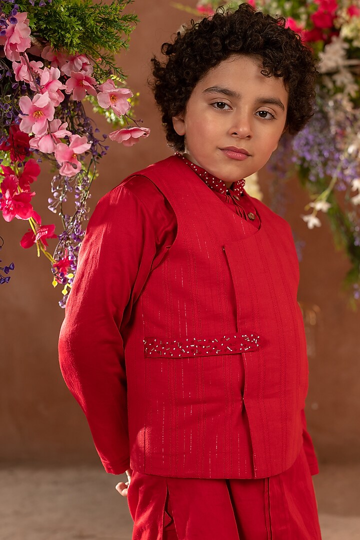 Red Embroidered Nehru Jacket For Boys by Littleens at Pernia's Pop Up Shop