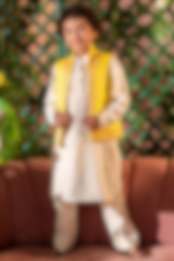 Yellow Embroidered Nehru Jacket For Boys by Littleens
