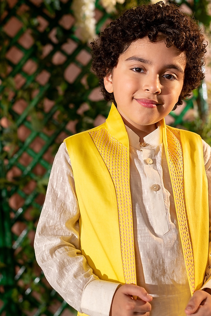 Yellow Embroidered Nehru Jacket For Boys by Littleens at Pernia's Pop Up Shop