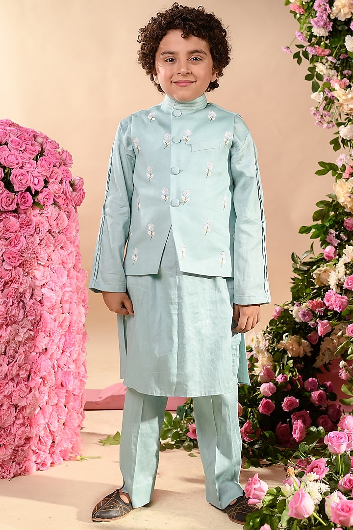Blue Embroidered Nehru Jacket For Boys by Littleens