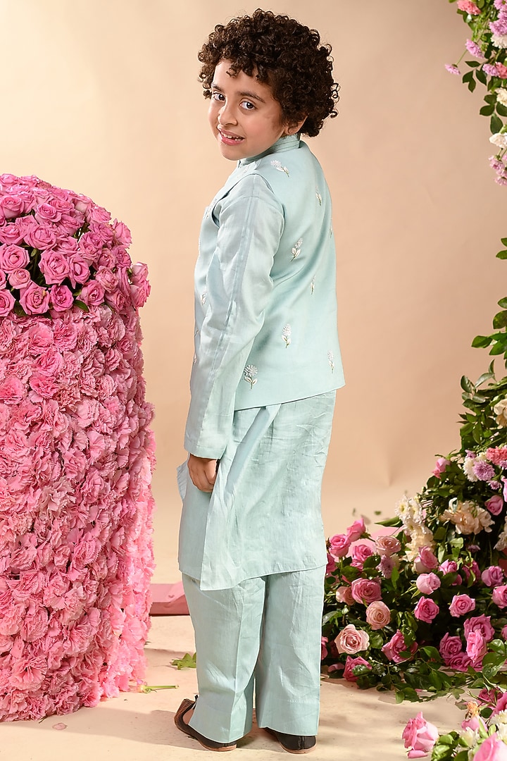 Blue Embroidered Nehru Jacket For Boys by Littleens at Pernia's Pop Up Shop