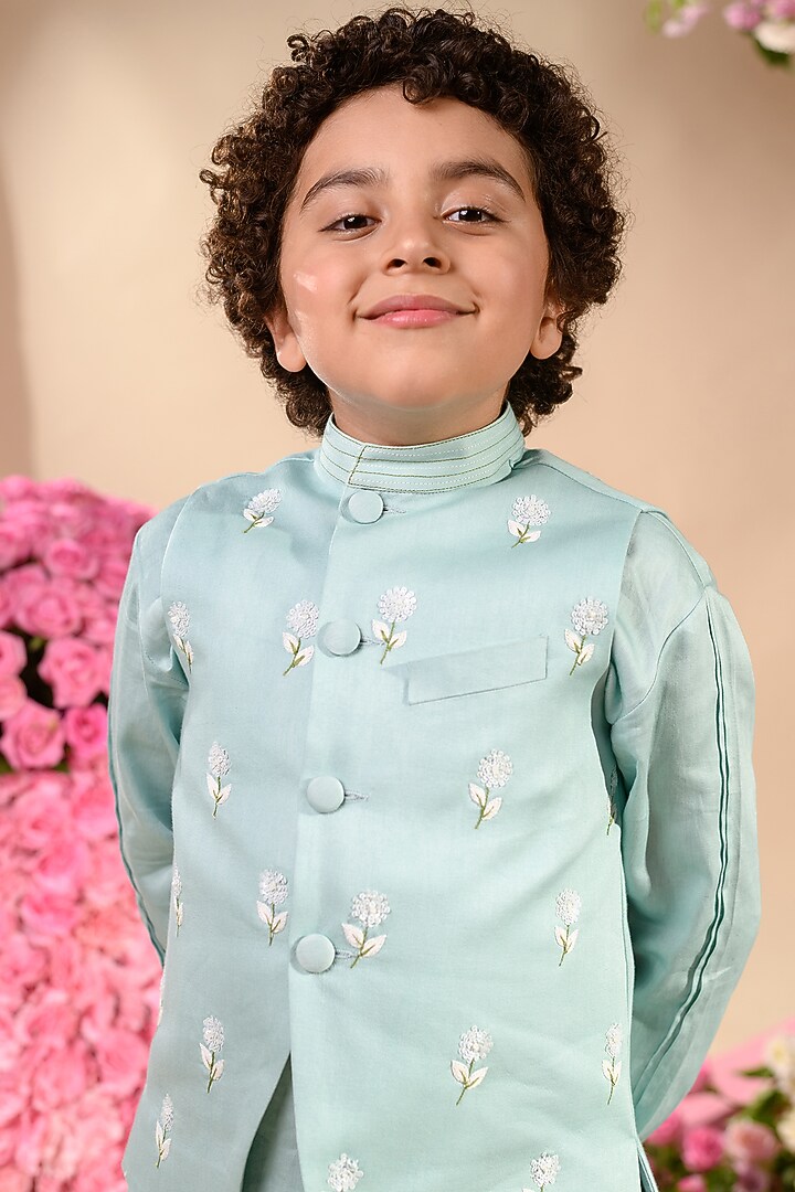 Blue Embroidered Nehru Jacket For Boys by Littleens at Pernia's Pop Up Shop