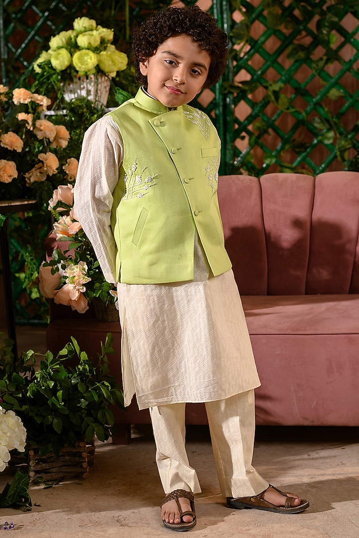 Green Embroidered Nehru Jacket For Boys by Littleens