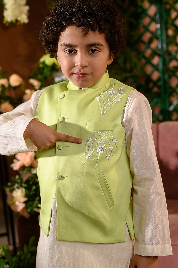 Green Embroidered Nehru Jacket For Boys by Littleens at Pernia's Pop Up Shop