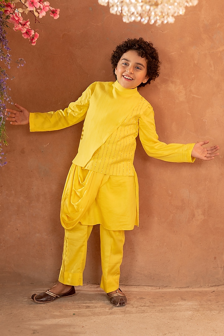Canary Yellow Embellished Nehru Jacket For Boys by Littleens