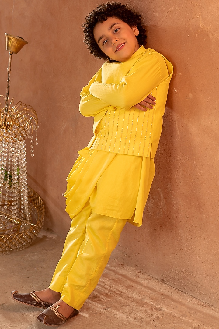 Canary Yellow Embellished Nehru Jacket For Boys by Littleens at Pernia's Pop Up Shop
