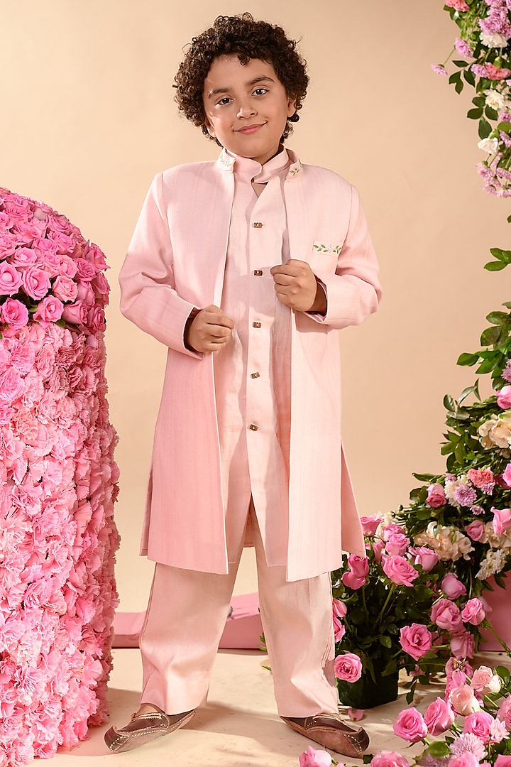 Pink Embroidered Nehru Jacket For Boys by Littleens