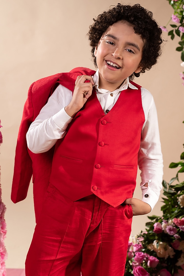 Red Vegan Silk Waistcoat For Boys by Littleens at Pernia's Pop Up Shop