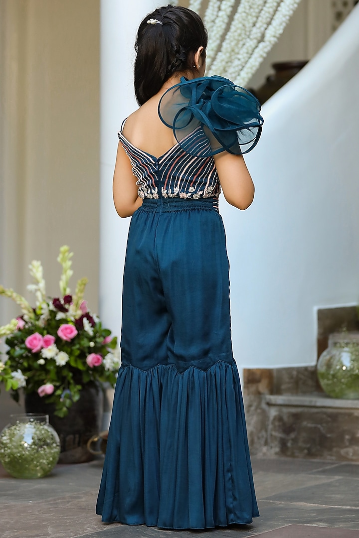 Turquoise Floral Jumpsuit For Girls by Littleens at Pernia's Pop Up Shop