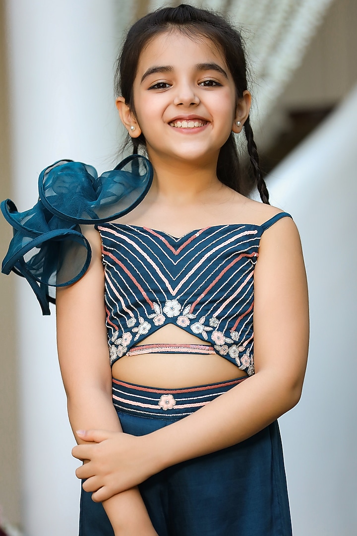 Turquoise Floral Jumpsuit For Girls by Littleens at Pernia's Pop Up Shop