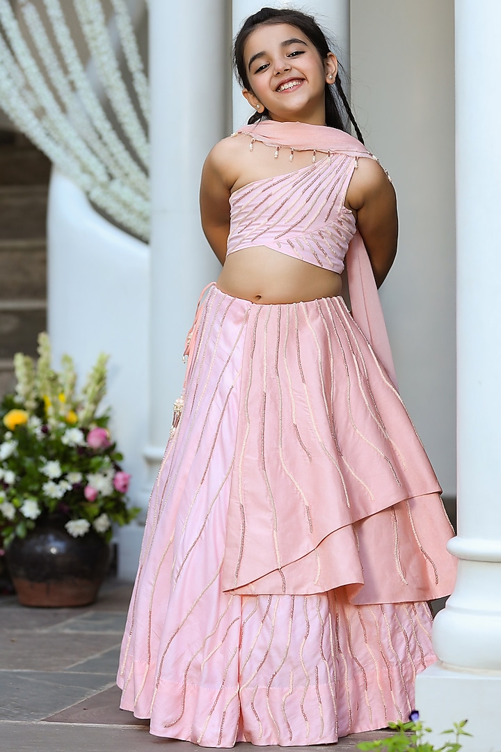 Peach Embroidered Lehenga Set For Girls by Littleens