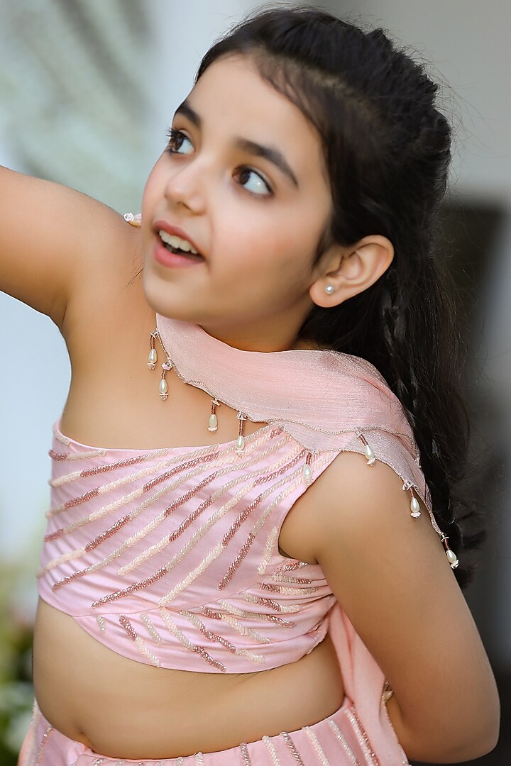 Peach Embroidered Lehenga Set For Girls by Littleens at Pernia's Pop Up Shop
