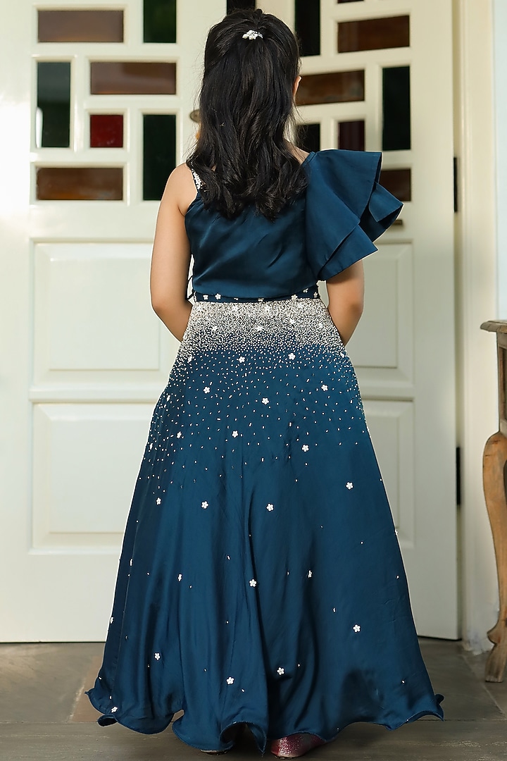Blue Embroidered Lehenga Set For Girls by Littleens at Pernia's Pop Up Shop