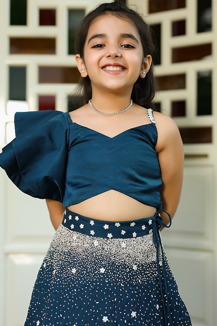 Blue Embroidered Lehenga Set For Girls by Littleens at Pernia's Pop Up Shop