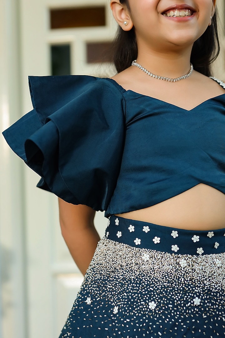 Blue Embroidered Lehenga Set For Girls by Littleens at Pernia's Pop Up Shop