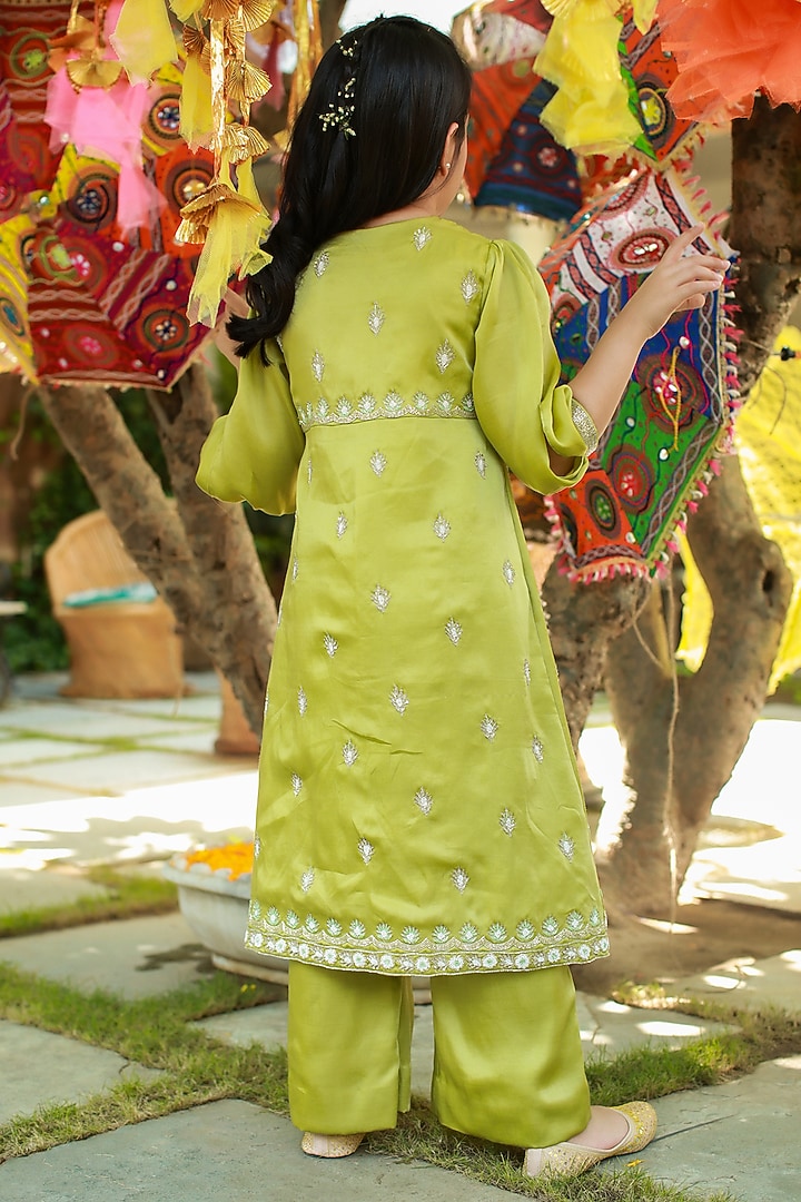 Green Embroidered Jacket Set For Girls by Littleens at Pernia's Pop Up Shop