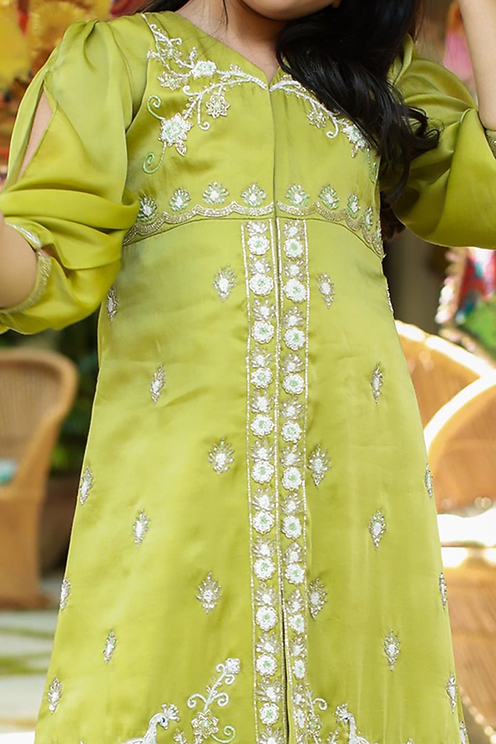 Green Embroidered Jacket Set For Girls by Littleens at Pernia's Pop Up Shop