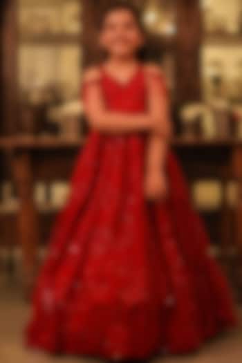 Red Embellished Gown For Girls by Littleens