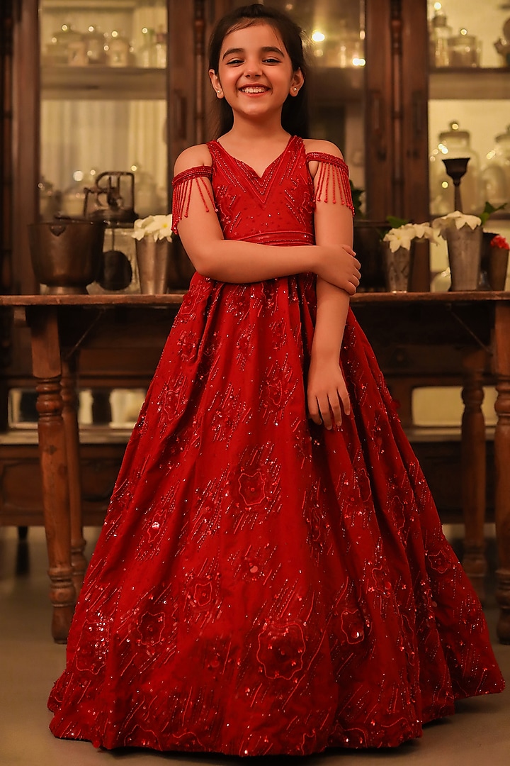 Red Embellished Gown For Girls by Littleens