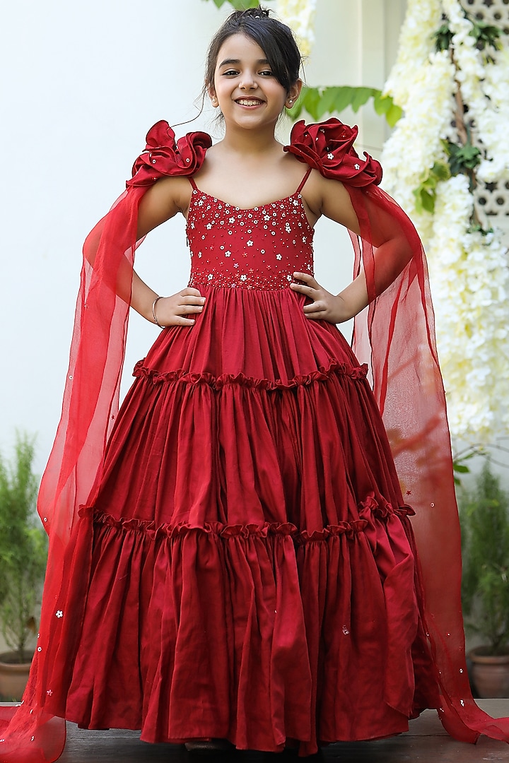 Red Embroidered Tiered Gown For Girls by Littleens