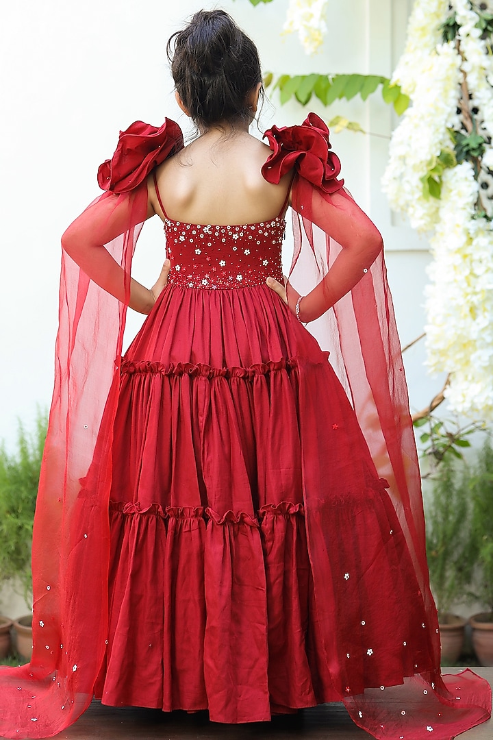 Red Embroidered Tiered Gown For Girls by Littleens at Pernia's Pop Up Shop