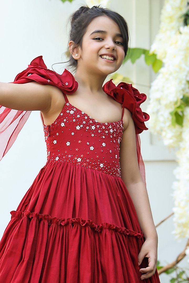Red Embroidered Tiered Gown For Girls by Littleens at Pernia's Pop Up Shop