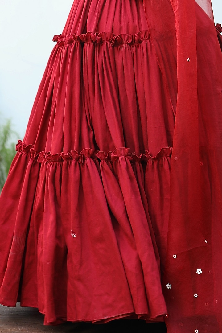 Red Embroidered Tiered Gown For Girls by Littleens at Pernia's Pop Up Shop