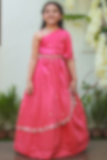 Hot Pink Embroidered Lehenga Set For Girls by Littleens