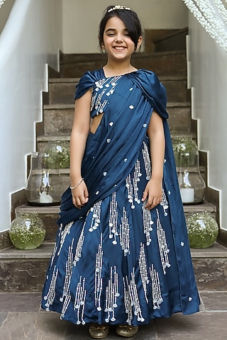 Blue Embroidered Lehenga Set For Girls by Littleens