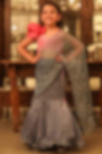 Grey Embroidered Saree Set For Girls by Littleens at Pernia's Pop Up Shop