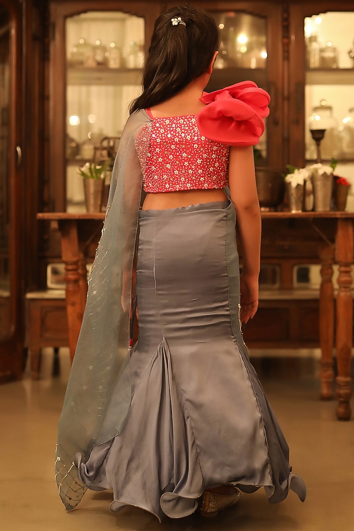 Grey Embroidered Saree Set For Girls by Littleens at Pernia's Pop Up Shop