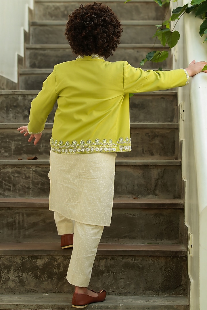 Off White Kurta Set With Hand Embroidered Jacket For Boys by Littleens at Pernia's Pop Up Shop