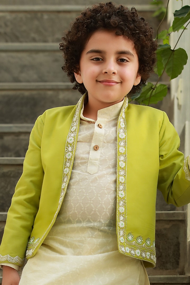 Off White Kurta Set With Hand Embroidered Jacket For Boys by Littleens at Pernia's Pop Up Shop