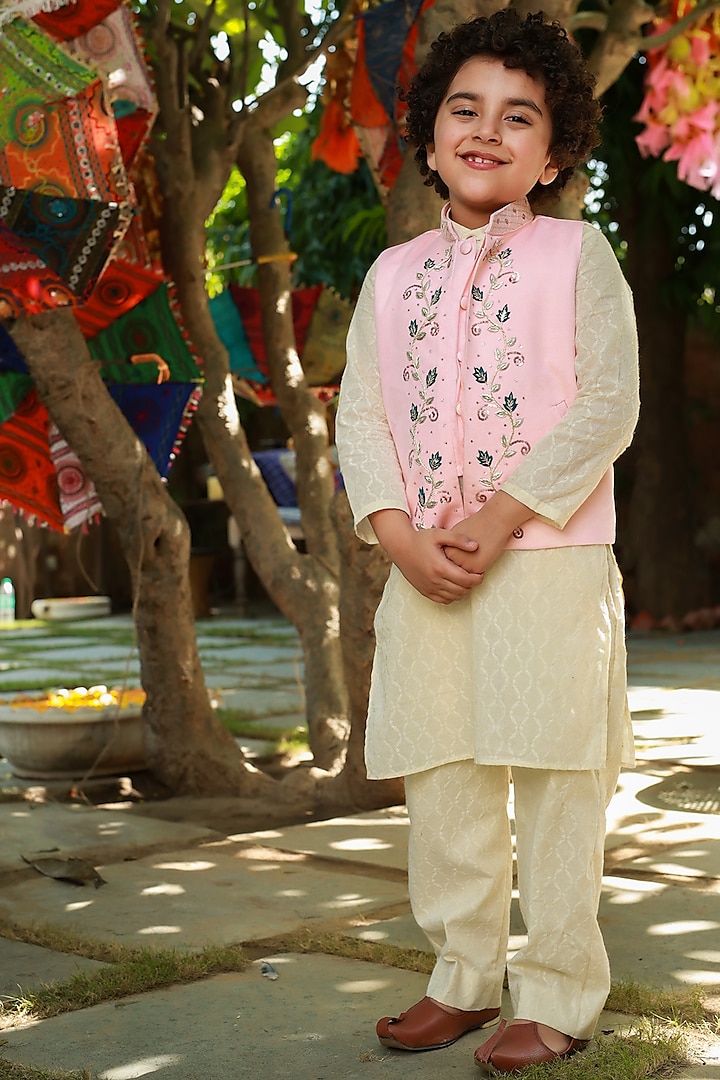 Off White Kurta Set With Embroidered Jacket For Boys by Littleens