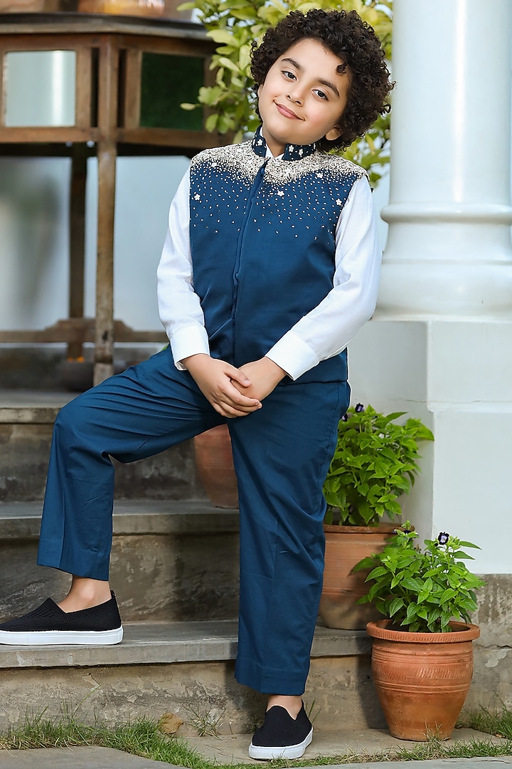 Blue Embroidered Jacket For Boys by Littleens