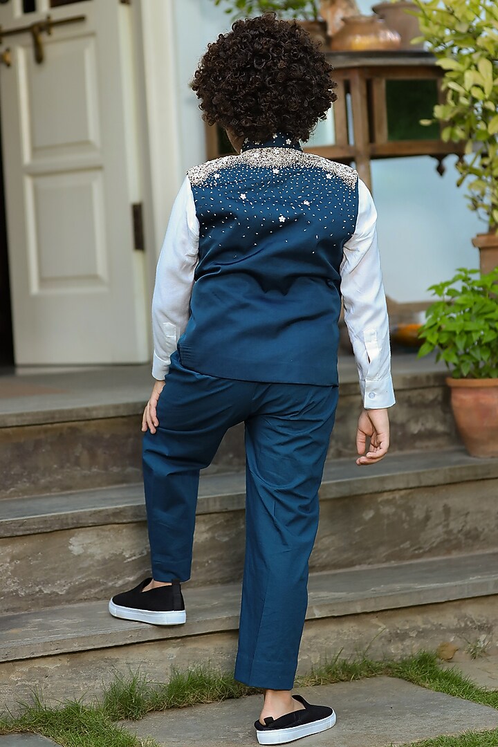 Blue Embroidered Jacket For Boys by Littleens at Pernia's Pop Up Shop