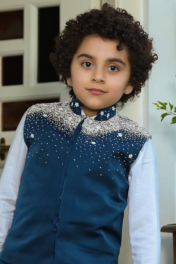 Blue Embroidered Jacket For Boys by Littleens at Pernia's Pop Up Shop